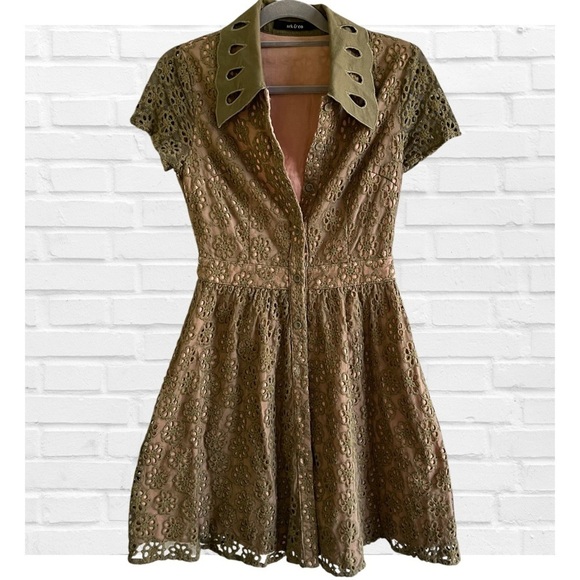 Ark & Co Dresses & Skirts - Anthropologie Ark and Co Olive Green Peplum Ruffled Lace Overlay Dress Medium